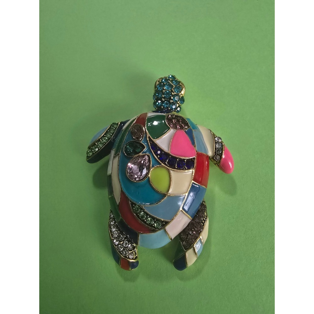 Multi Color Enamel Turtle Brooch Gold Tone Rhinestone Sea Turtle Pin Accessory - Picture 3 of 6